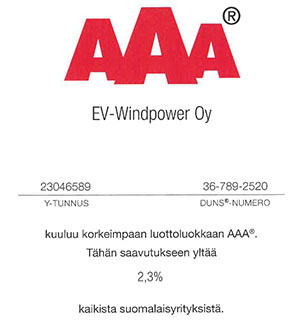EV-Windpower Oy - AAA-luottoluokitus